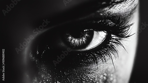 Intense blackandwhite sketch of a wideopen eye with detailed lashes and shading, closeup, mysterious and dramatic photo