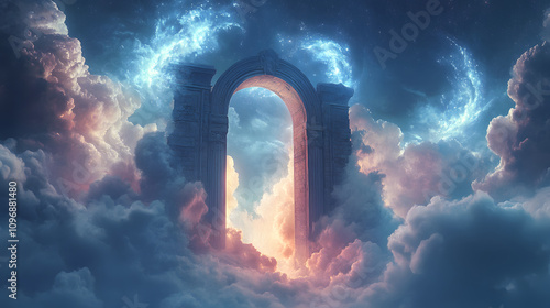 Majestic gates of heaven standing tall amidst swirling luminous clouds.