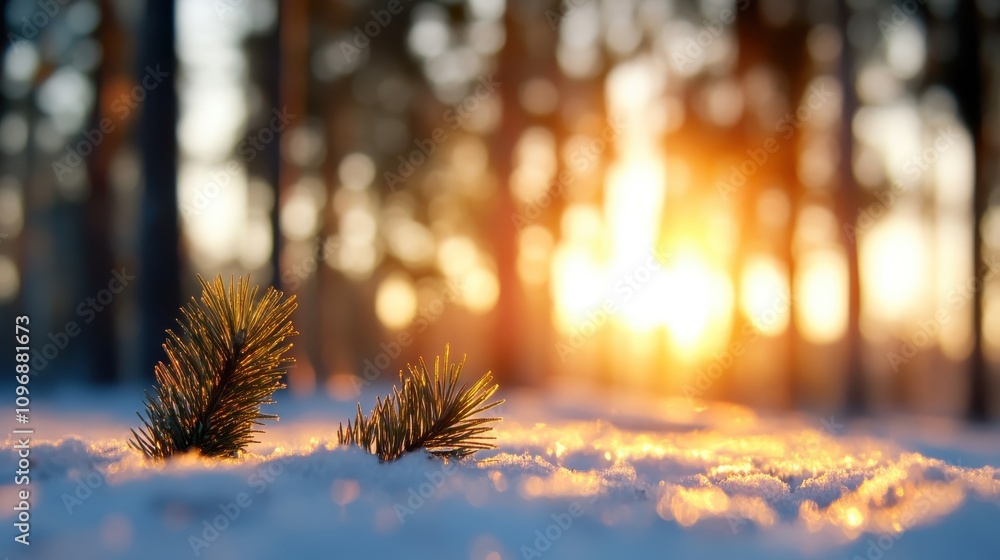 A delicate close-up of pine branches emerges from the snow, catching the glowing sunlight as it filters through the trees, creating a peaceful and serene winter scene. A delicate close-up of pine branches emerges from the snow, catching the glowing sunlight as it filters through the trees, creating a peaceful and serene winter scene.