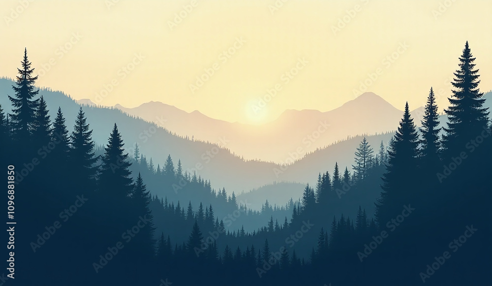 Obraz premium pine trees create serene mountain landscape silhouette morning sky