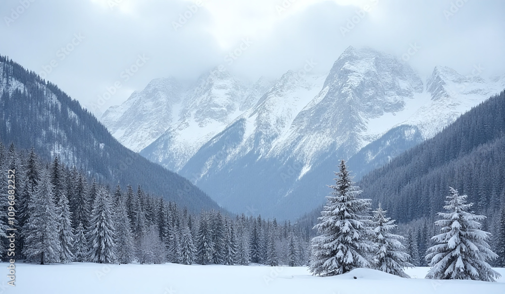 snow covered trees stand beneath majestic mountains cloudy sky snow covered trees stand beneath majestic mountains cloudy sky