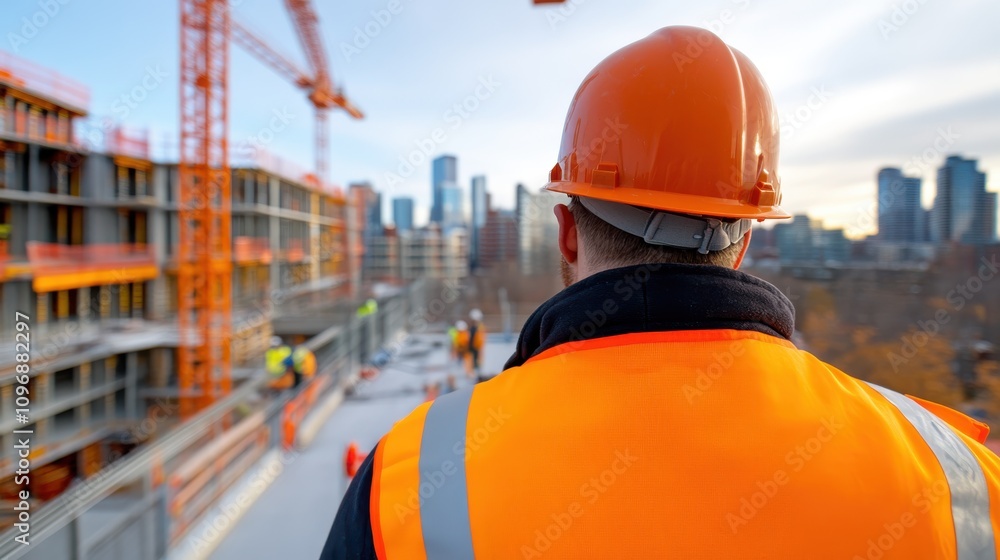 A worker in orange gear and a hard hat stands at a construction site, surveying progress under an orange sky, with urban skyline and cranes in the background. A worker in orange gear and a hard hat stands at a construction site, surveying progress under an orange sky, with urban skyline and cranes in the background.