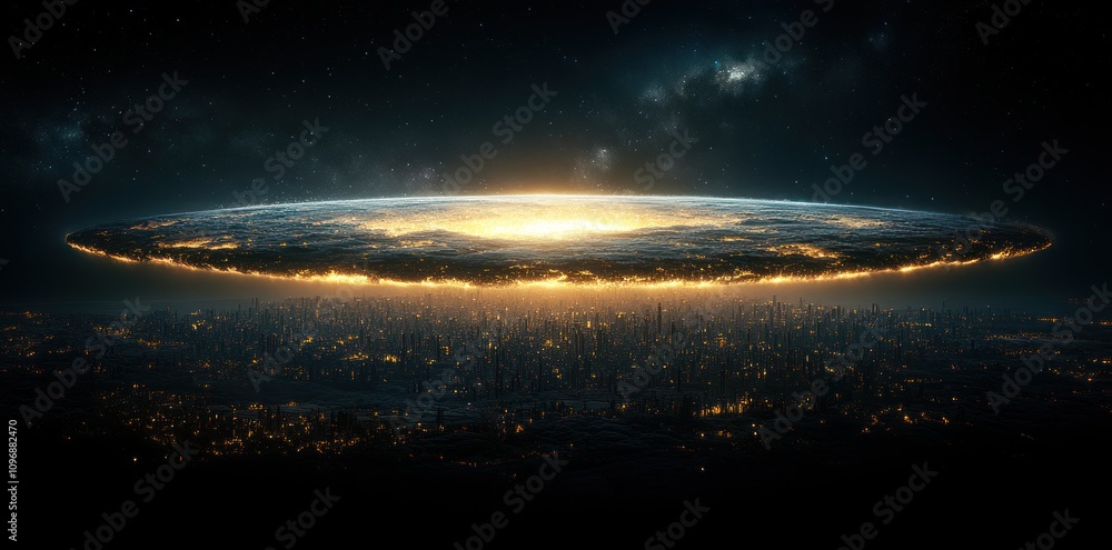 Fototapeta premium Futuristic Cityscape Beneath A Glowing Celestial Body