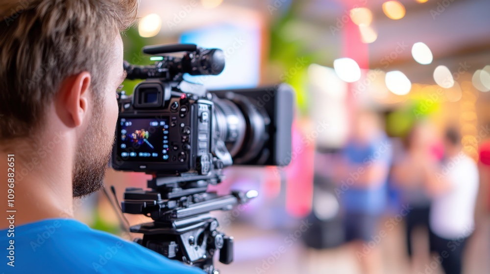 A cameraman focuses on capturing an event using a high-quality video camera, while blurred figures in the background suggest an active and lively setting. A cameraman focuses on capturing an event using a high-quality video camera, while blurred figures in the background suggest an active and lively setting.