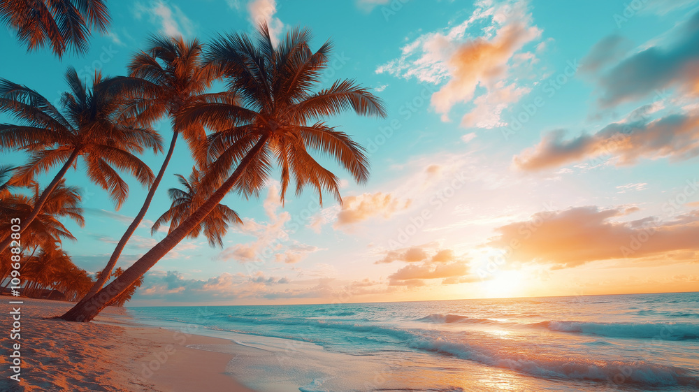 serene beach scene with palm trees and vibrant sunset serene beach scene with palm trees and vibrant sunset