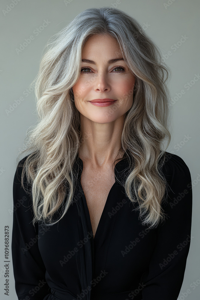 Elegant woman with flowing gray hair in black outfit showcases natural beauty Elegant woman with flowing gray hair in black outfit showcases natural beauty
