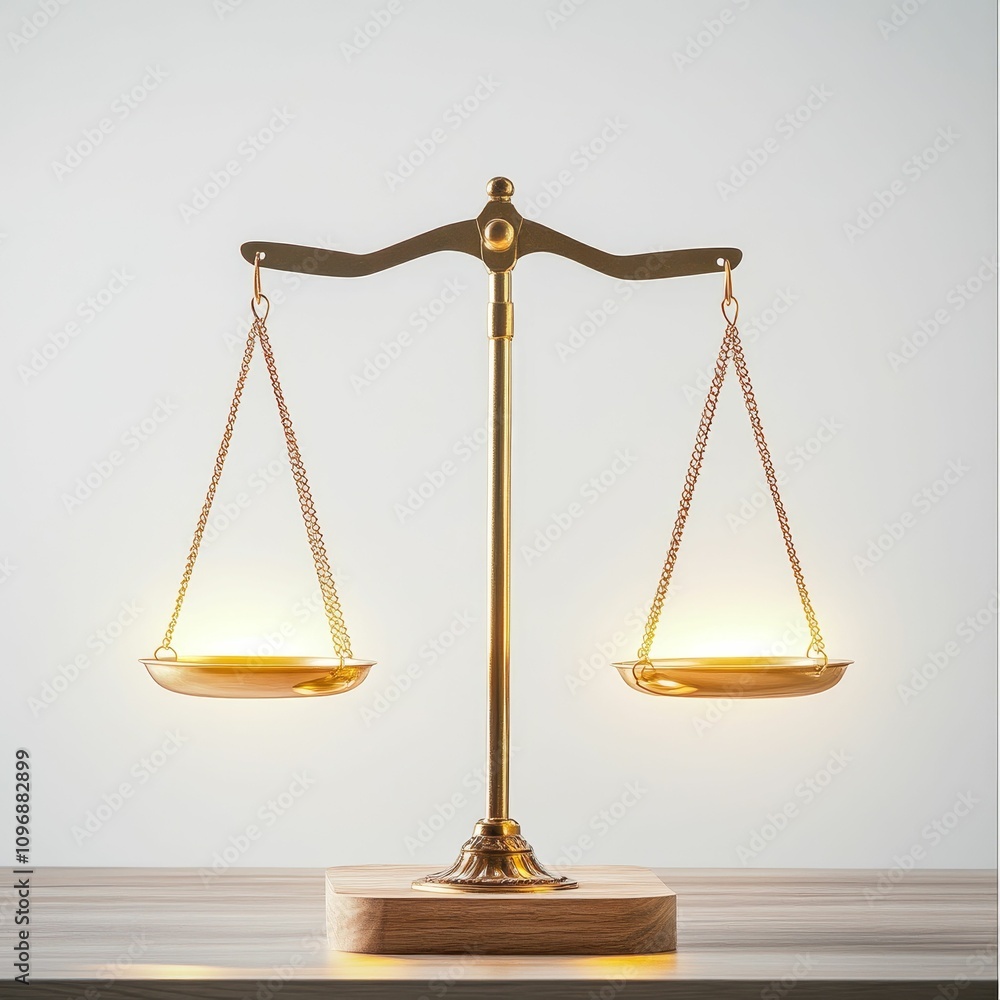 Golden scales of justice, balanced, glowing. Golden scales of justice, balanced, glowing.