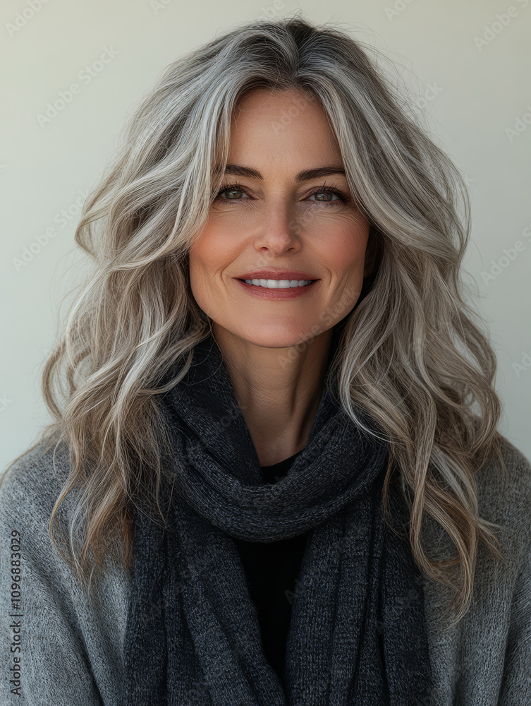Happy woman with long silver hair wearing a cozy scarf in a bright indoor setting Happy woman with long silver hair wearing a cozy scarf in a bright indoor setting