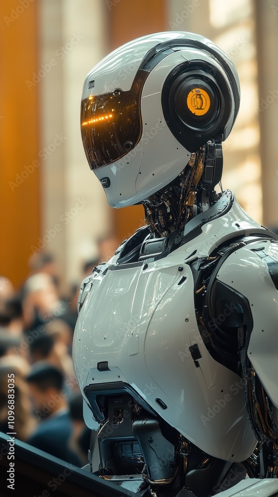 Humanoid robot lecturer in modern college classroom setting Humanoid robot lecturer in modern college classroom setting