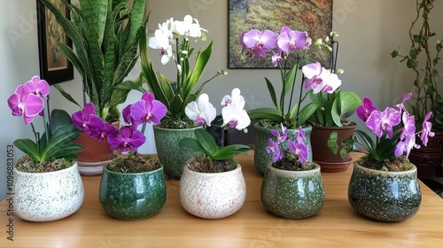 Wallpaper Mural Collection of potted orchids in various colors and sizes on a wooden table. Torontodigital.ca