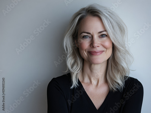 Smiling woman with gray hair poses confidently against a light background