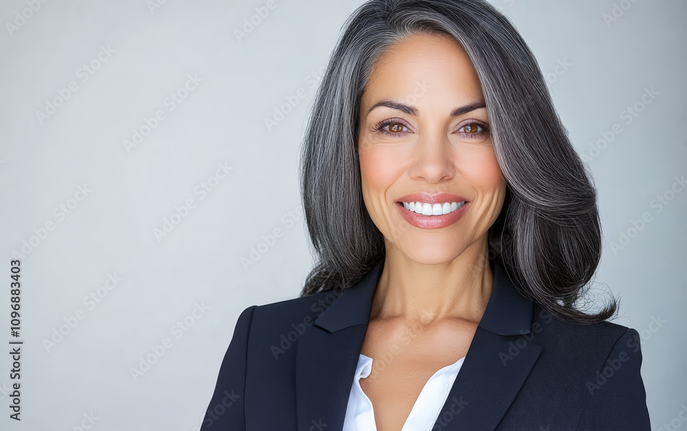 Confident businesswoman smiling in a professional setting with a neutral background Confident businesswoman smiling in a professional setting with a neutral background