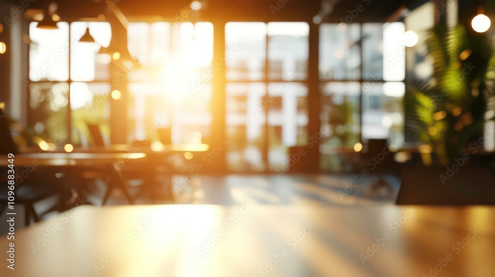 Blurred view of a modern cafe interior with a table in the foreground and sunlight streaming through large windows. Blurred view of a modern cafe interior with a table in the foreground and sunlight streaming through large windows.