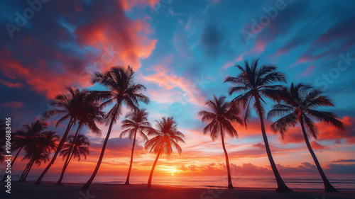 stunning sunset over beach with palm trees silhouetted against vibrant colors