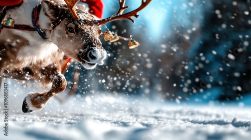 A dynamic shot captures a reindeer energetically galloping through a snowy landscape, adorned with bells, conveying the spirit of winter joy and festivity. photo