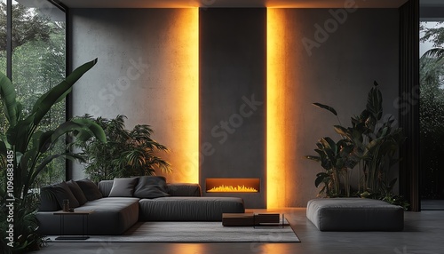 Modern living room with a tall illuminated panel, concrete walls, minimalist sofa, lush indoor plants, soft evening lighting, calm ambiance