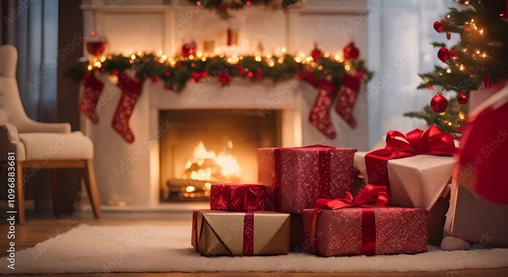 Christmas Presents Wrapped with Red Ribbons by a Cozy Fireplace with a Beautifully Lit Christmas Tree in the Background Creating a Warm and Festive Holiday Atmosphere Video made using 4K Christmas Presents Wrapped with Red Ribbons by a Cozy Fireplace with a Beautifully Lit Christmas Tree in the Background Creating a Warm and Festive Holiday Atmosphere Video made using 4K