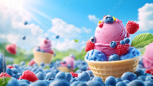 Blueberry ice cream sundaes kids in a blueberry 
 chalice. photo