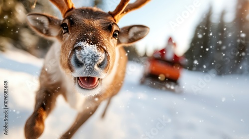 A lively reindeer with antlers prances joyfully through the snowy landscape, capturing the essence of winter wonderland and festive cheer in the enchanting forest. photo