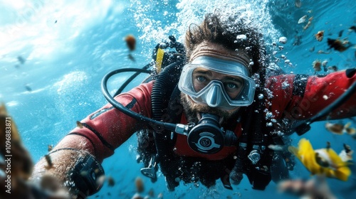 Wallpaper Mural A diver, clad in concise gear, is captured amidst the vibrant marine life deep under the ocean's surface, representing curiosity and exploration of the aquatic world. Torontodigital.ca