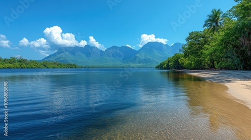 Serene Tropical Beach with Majestic Mountain Vista