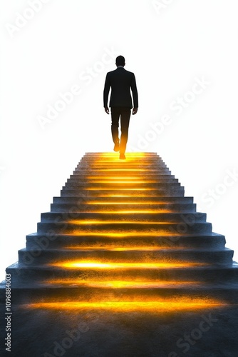 Man ascends glowing stairs, reaching success.