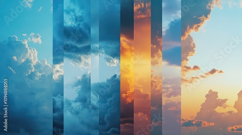 banner design collage displays photos of the sky under various weather conditions, emphasizing meteorology and climate change