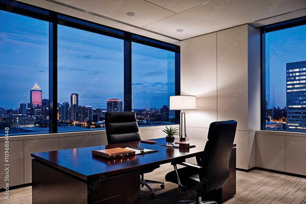 Softly Blurred Office Ambiance: Refined Workspace Highlighting Evening Cityscape and Executive Appeal Softly Blurred Office Ambiance: Refined Workspace Highlighting Evening Cityscape and Executive Appeal