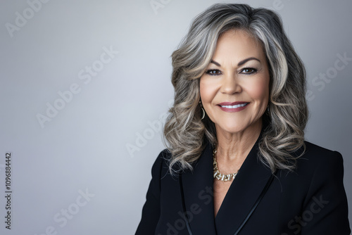 Confident woman with wavy hair posing for a professional portrait in neutral background