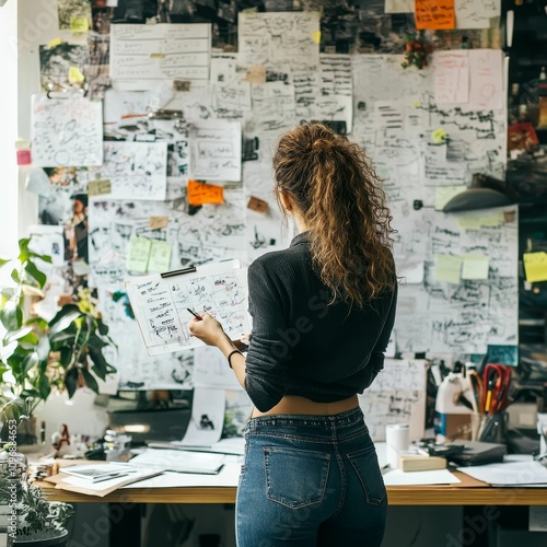 Woman reviewing notes on cluttered desk.