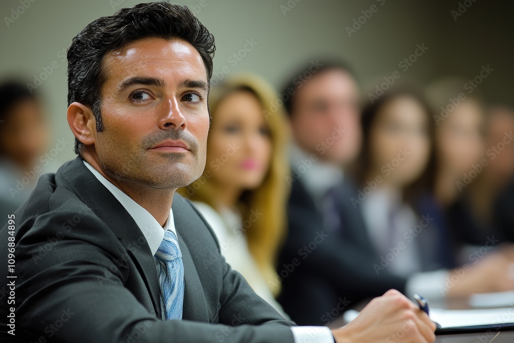 A focused man in a business meeting with colleagues in the background. A focused man in a business meeting with colleagues in the background.
