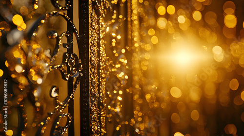 The gates of heaven adorned with shimmering gemstones and glowing golden light. photo