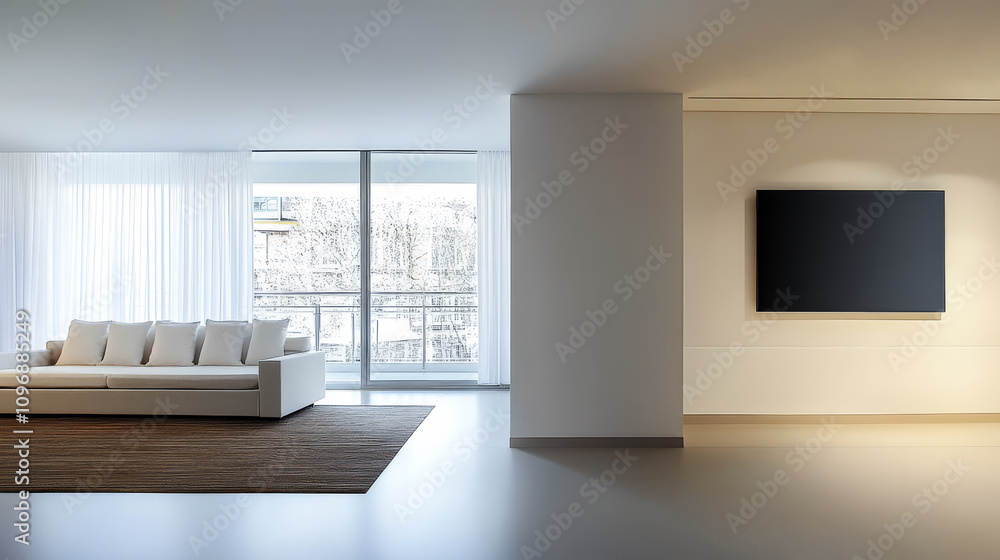 Modern living room with large windows and minimalist design featuring comfortable sofa Modern living room with large windows and minimalist design featuring comfortable sofa