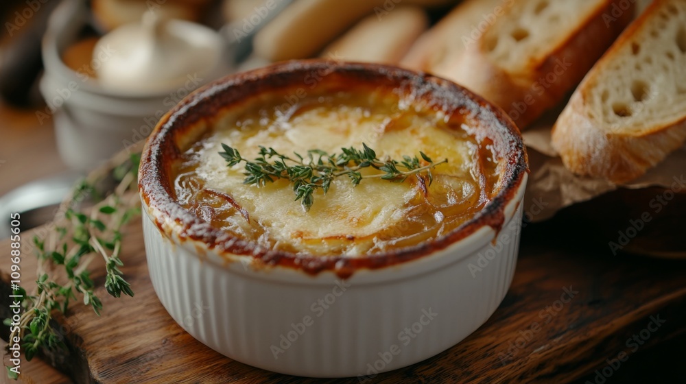 Vegetarian french onion soup served with baguette Vegetarian french onion soup served with baguette