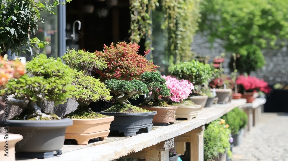 Colorful bonsai trees displayed on a wooden shelf outside a shop. Colorful bonsai trees displayed on a wooden shelf outside a shop.