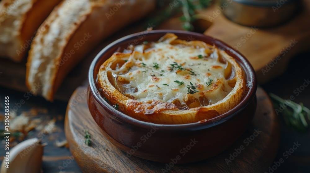 Vegetarian french onion soup served with baguette Vegetarian french onion soup served with baguette