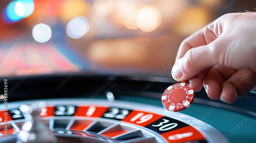 Obraz premium A hand holds a red poker chip near a roulette wheel, illuminated by bright casino lights, symbolizing the poignant moment of placing a significant bet.