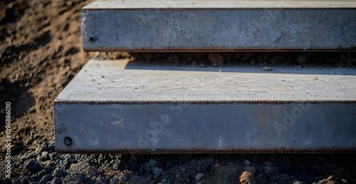 Close-up of the concrete steps with steel beams on a construction site. The background features gray cement and brown soil,