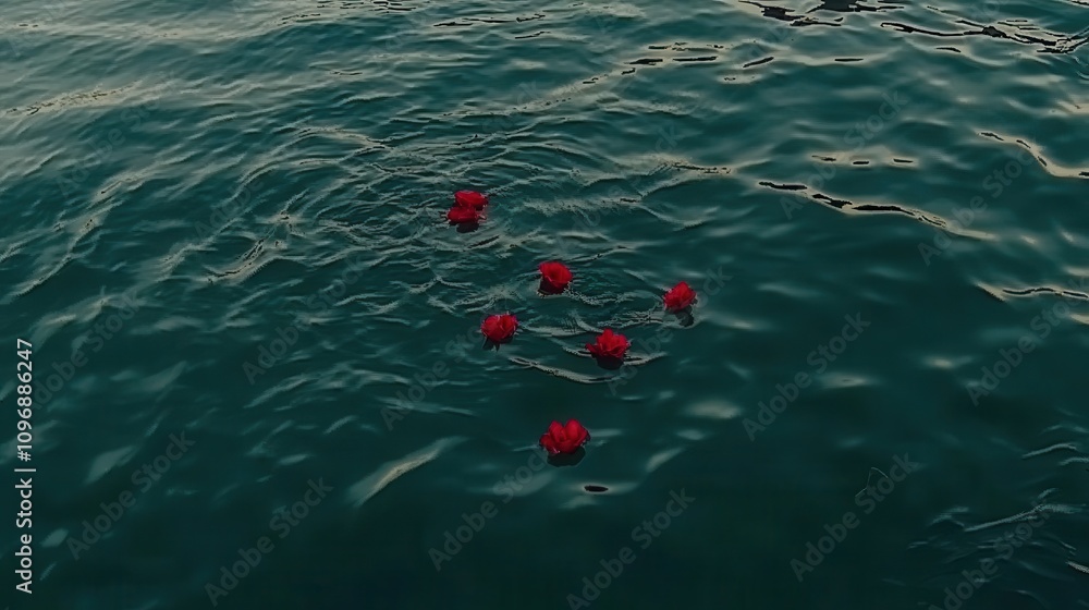 Red roses float on dark water. Red roses float on dark water.