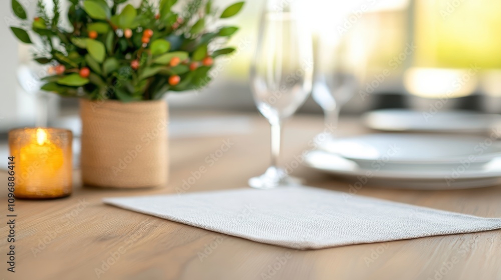 A wooden table with a simple yet elegant setting features a potted plant centerpiece and a glowing candle, offering a warm and inviting ambiance for dining experiences. A wooden table with a simple yet elegant setting features a potted plant centerpiece and a glowing candle, offering a warm and inviting ambiance for dining experiences.