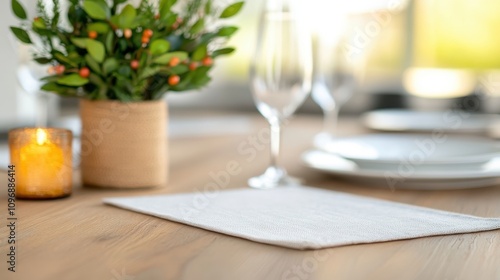 A wooden table with a simple yet elegant setting features a potted plant centerpiece and a glowing candle, offering a warm and inviting ambiance for dining experiences.