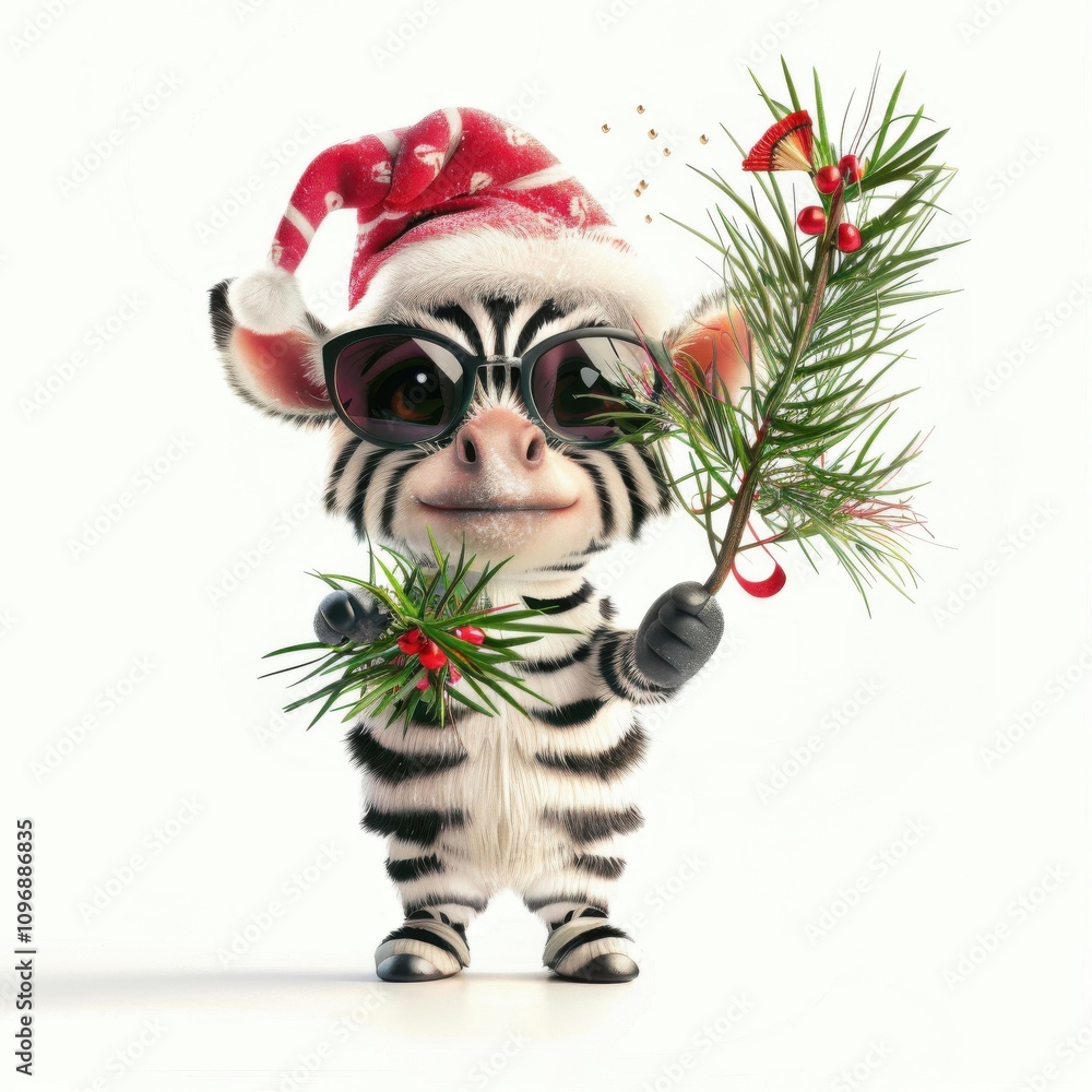 Cute zebra dressed in a Santa hat spreads holiday cheer while holding festive greenery Cute zebra dressed in a Santa hat spreads holiday cheer while holding festive greenery