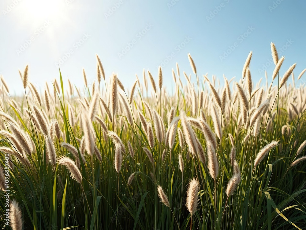 Fototapeta premium A diverse array of motley grasses bask in the sunlight as they reach their full blooming potential, natural beauty, riverbank scenery, vibrant blooms