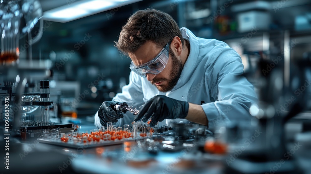 A focused scientist in protective gear works diligently with glassware in a modern laboratory, emphasizing precision and innovation in scientific research. A focused scientist in protective gear works diligently with glassware in a modern laboratory, emphasizing precision and innovation in scientific research.