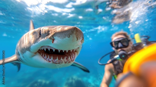 An adventurous diver captures a close-up of an imposing shark in crystal clear waters, presenting a snapshot filled with awe, curiosity, and marine life.