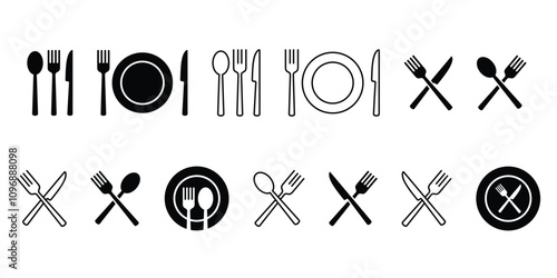 Fork, knife, spoon, and plate icon vector set. Cutlery and crockery sign. Tableware icon. Menu symbol. Restaurant utensil symbol.