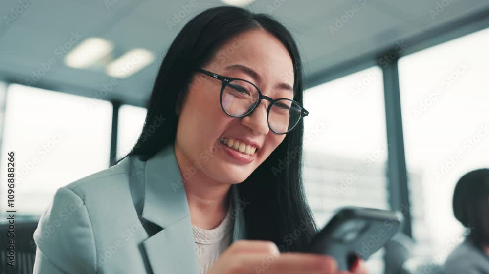 Smile, Japanese woman and laugh with smartphone, funny meme and social media for internet search. Asian person, accountant or consultant with cellphone, website info and browse comedy email in office Smile, Japanese woman and laugh with smartphone, funny meme and social media for internet search. Asian person, accountant or consultant with cellphone, website info and browse comedy email in office