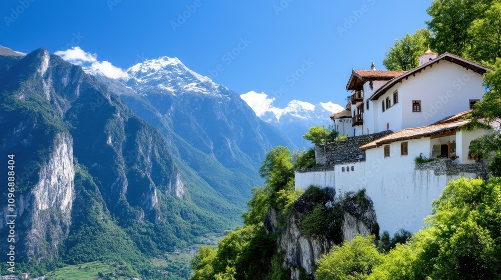 An impressive mountain vista with a brilliant blue sky, showcasing a picturesque retreat perched on the cliffside, embraced by lush green foliage. An impressive mountain vista with a brilliant blue sky, showcasing a picturesque retreat perched on the cliffside, embraced by lush green foliage.