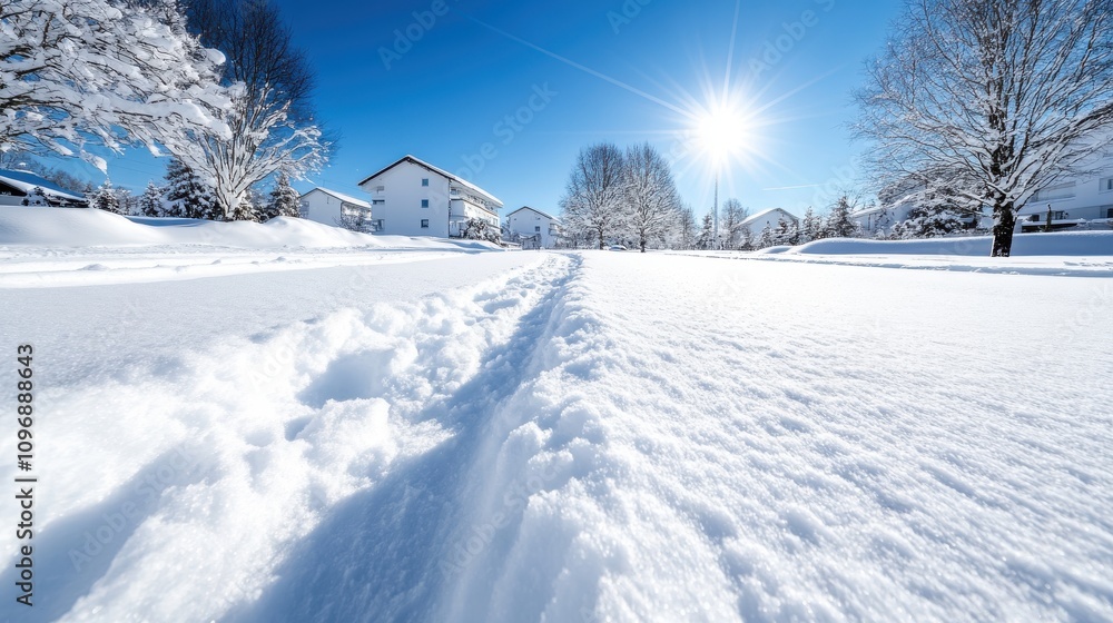 Fototapeta premium A picturesque village street blanketed in snow, bathed in the bright light of the noonday sun, exhibiting an atmosphere of simple and undisturbed beauty.