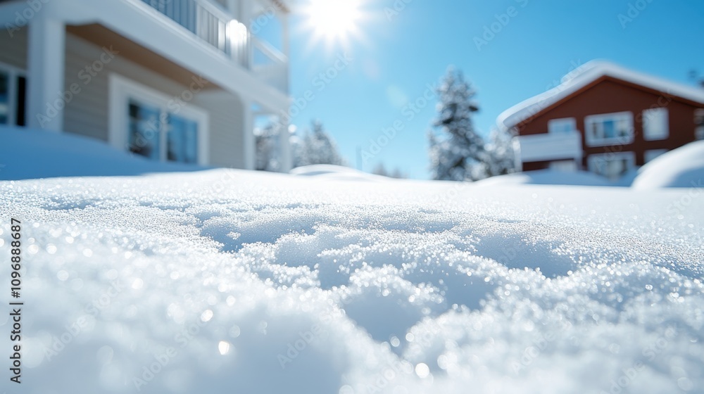A peaceful winter scene with two houses covered in snow, sparkling under the bright morning sun, representing tranquility and seasonal beauty. A peaceful winter scene with two houses covered in snow, sparkling under the bright morning sun, representing tranquility and seasonal beauty.